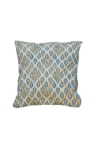 Indigo leaf block print cushion