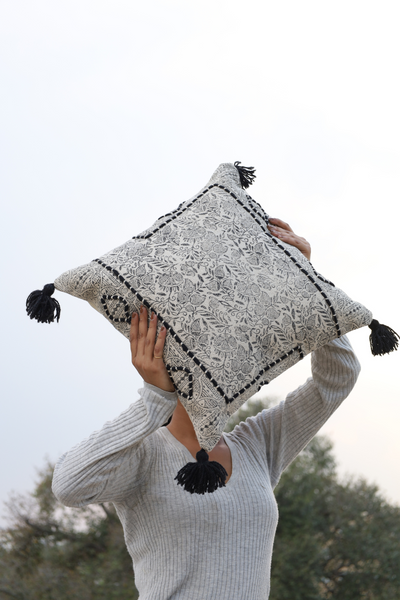 MONO-CHROME FLORAL BLOCK PRINT CUSHION