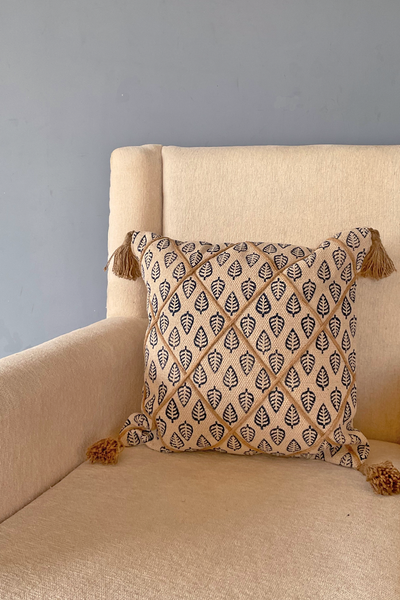 Indigo leaf block print cushion